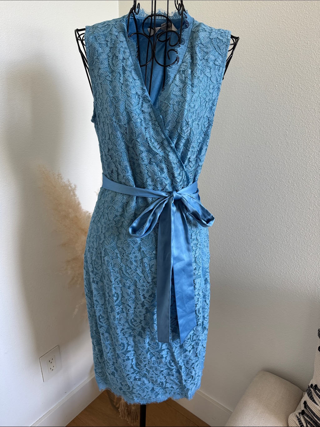 Diane Von Furstenberg Juliana Sky Blue Lace Wrap Dress With Satin Waist Tie